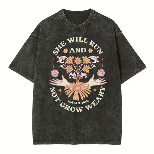 She Will Run And Not Grow Weary Christian Washed T-Shirt