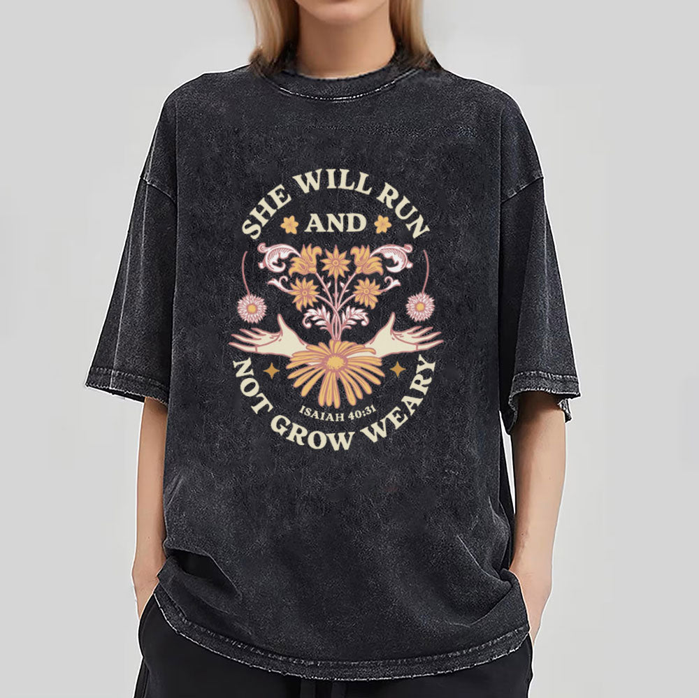 She Will Run And Not Grow Weary Christian Washed T-Shirt