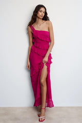 Sleeveless Asymmetric Ruffle Hem Slit Maxi Dress