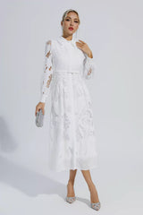 Sloan White Hollow Long Sleeve Midi Dress