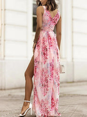 V-Neck Sleeveless Floral Pattern Midi Dress