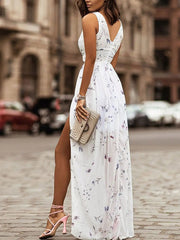 V-Neck Sleeveless Floral Pattern Midi Dress