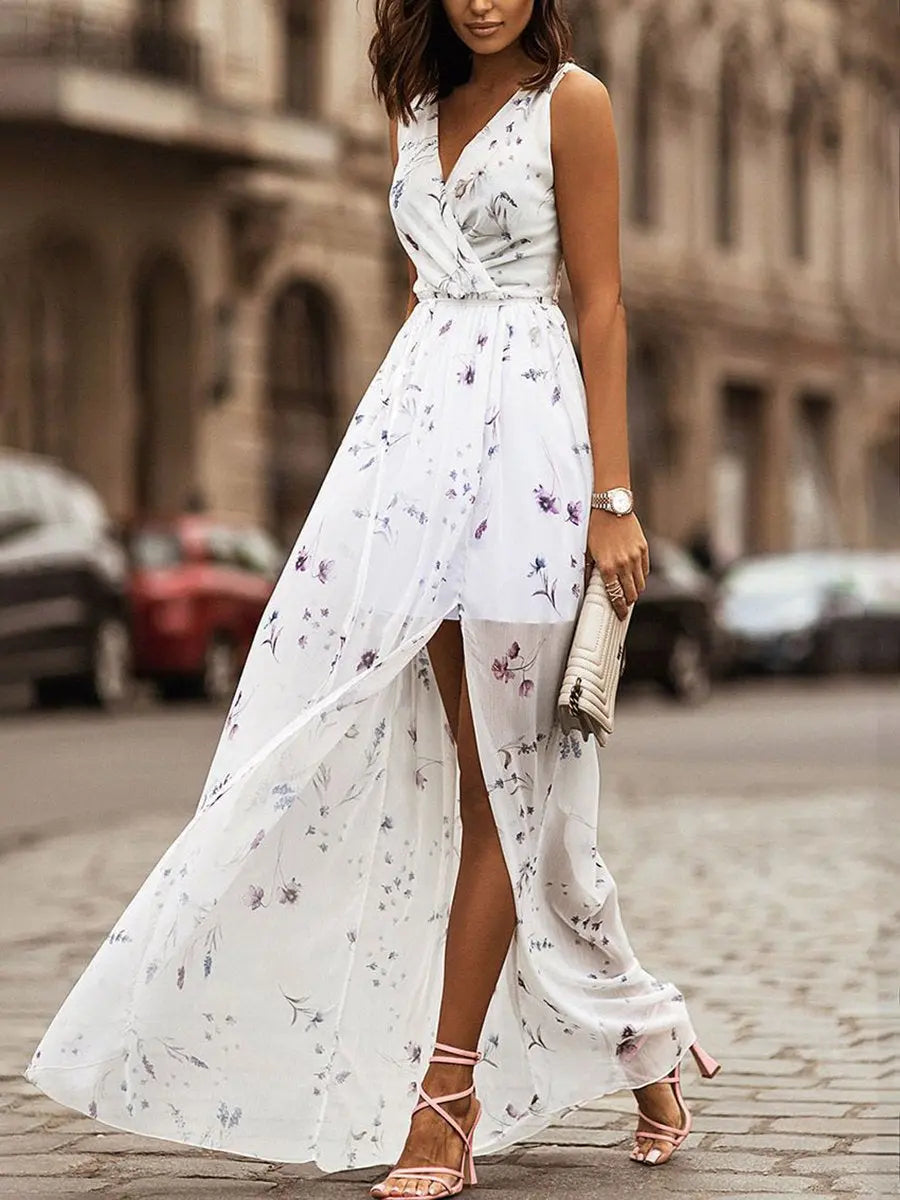 V-Neck Sleeveless Floral Pattern Midi Dress