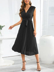 V-Neck Sleeveless Pleated Lace Up Dress