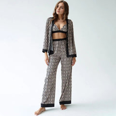 Spaghetti-Strap Floral Print Pajamas Three-Piece Long-Sleeved Trousers