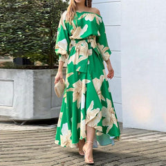 Floral-Print off-Shoulder Long Sleeve Large Swing Dress Long Dress