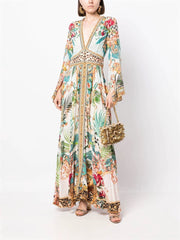 VCollar Bell Sleeve Silk Elegant Vacation Long Dress