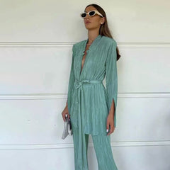 Capable Belt Shirt and Pleated Pants Suit