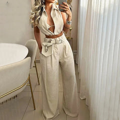 Solid Color Polo Collar Sexy Sleeveless Top Casual Pants Suit