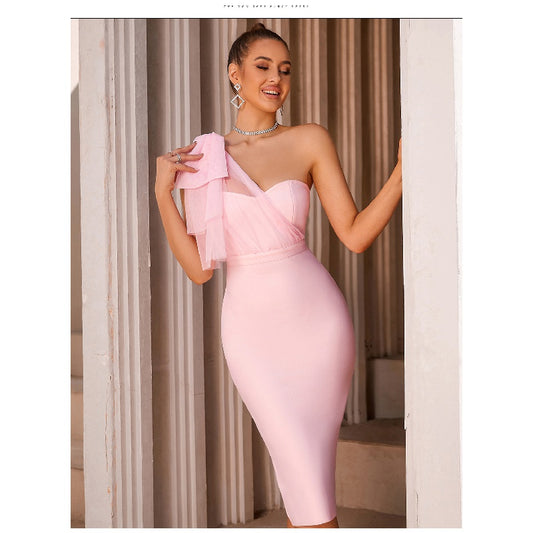 One-Shoulder Mesh Bow Bandage One-Piece Dress