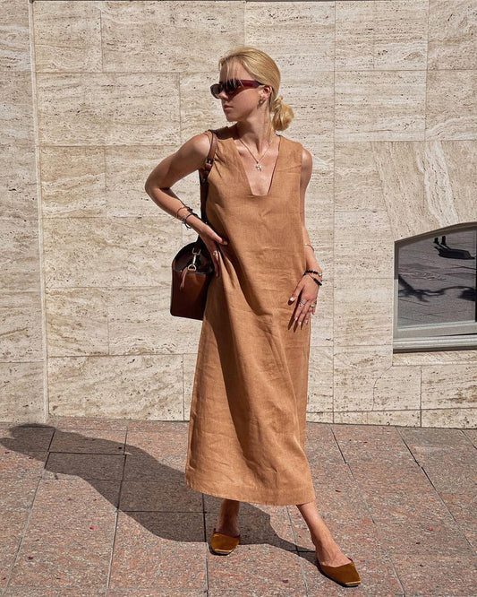 VCollar Sleeveless Straight Backless Linen Dress