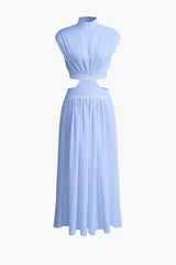 Mock Neck Cut Out Pleated Maxi Dress