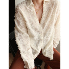 White Embossed Jacquard Boyfriend Style Loose Shirt