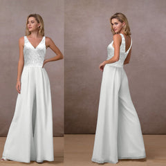 VCollar Mid-Waist Sleeveless White Chiffon Trousers Wide-Leg Pants