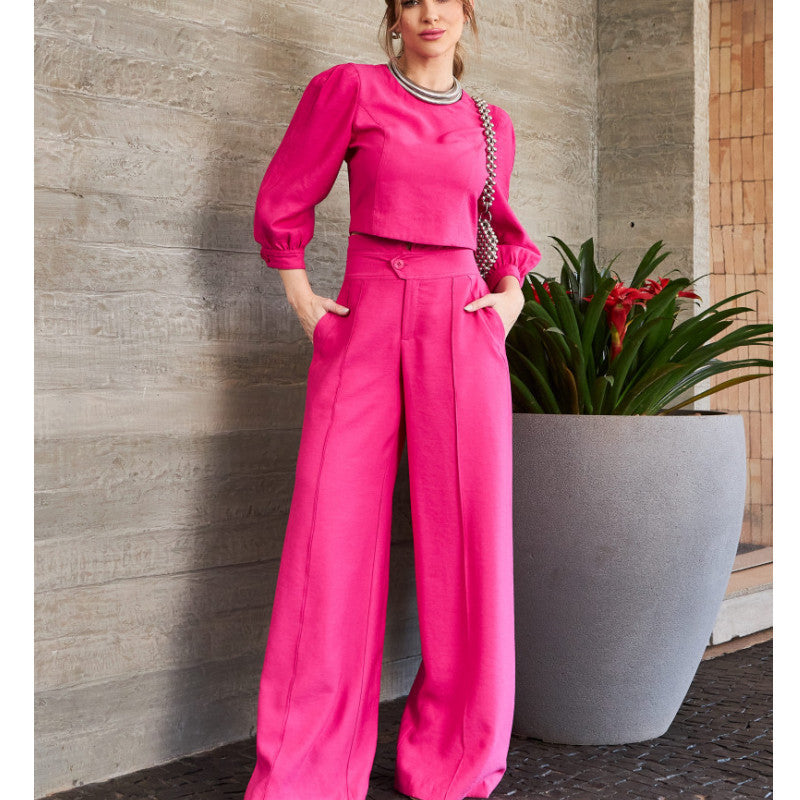 Short Long Sleeve Top High Waist Wide Leg Pants Two-Piece Set