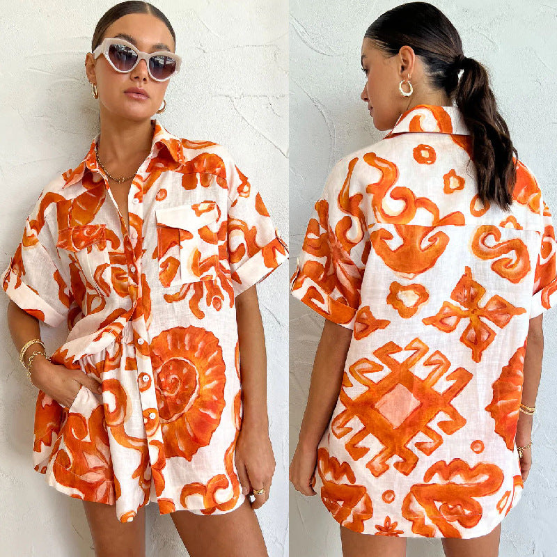 Printed Shorts Lapel Loose Women's Shirt Casual Suit