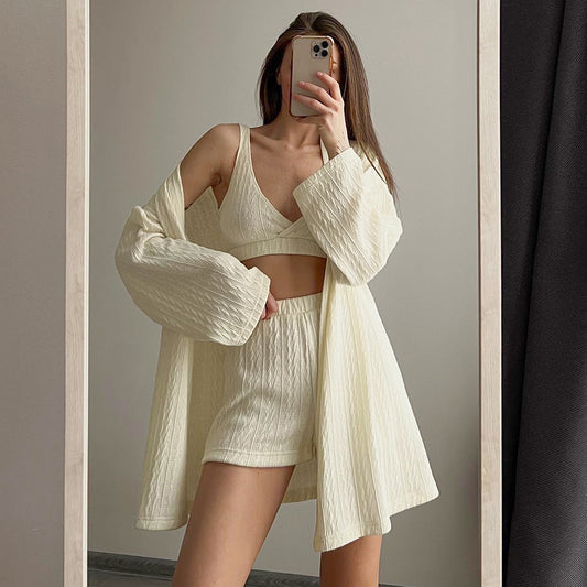 Knitted Strappy Cardigan Nightgown Three-Piece Set