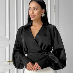 Waist Trimming Shirt Long SleeveVCollar top