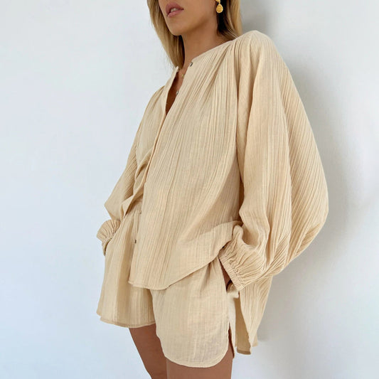 Long Sleeve Shirt Split Shorts Two-Piece Set