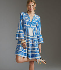 Printed Stitching Geometric Pattern Bell Sleeve Dress