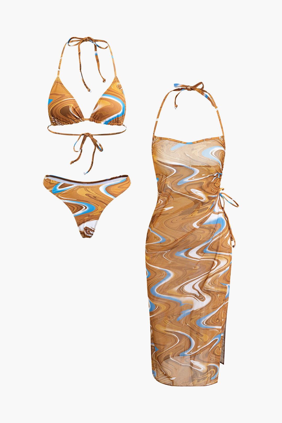 Abstract Print Tie Halter Bikini And Slit Midi Dress Swimsuit Set