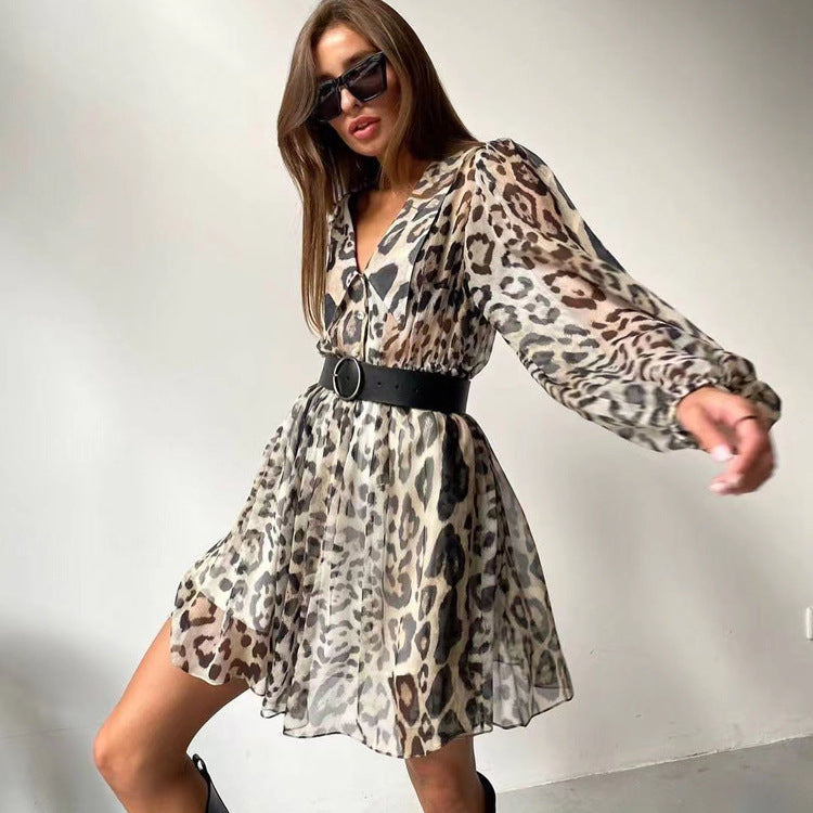 Doll Collar Long Sleeve Leopard Print Chiffon Jumpsuit