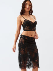 Hollow Backless Lace-up Sling Sheath See-through Lace Skirt Suit