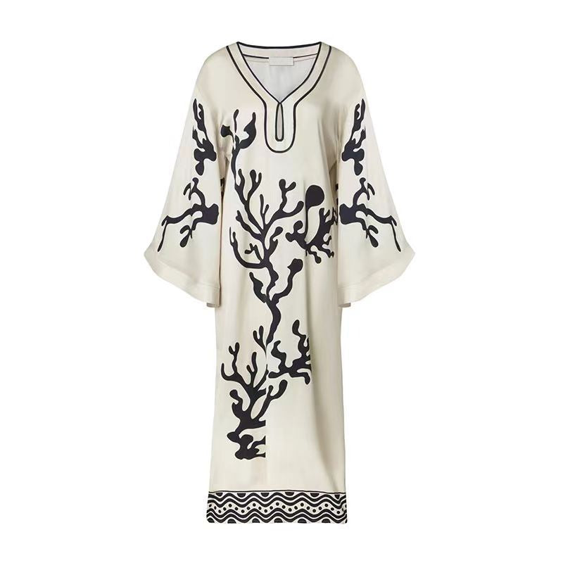 Long Sleeve Printed Loose Temperament Casual Slit Dress