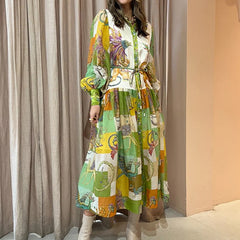 Lantern Sleeve Printed Long Lapel and Waist Tight Long Sleeve Dress