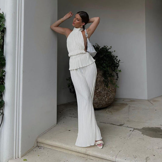 Halter Sleeveless Vest White Pleated High Waist Wide Leg Pants Suit