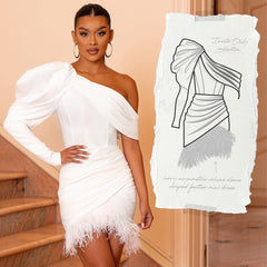 Irregular Shoulder Skirt Feather Pleated Dress