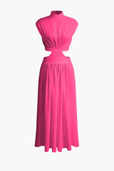 Mock Neck Cut Out Pleated Maxi Dress