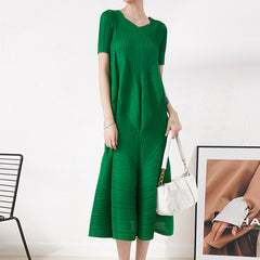 Pleated Short-Sleeved Fishtail Dress