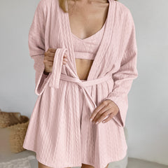 Knitted Strappy Cardigan Nightgown Three-Piece Set