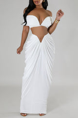 V-neck Ruched Top And V-shape Cut Waist Maxi Skirt Set