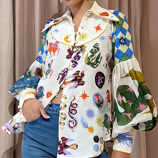 Cartoon Printing Lapel Single-Breasted Long Sleeve Shirt