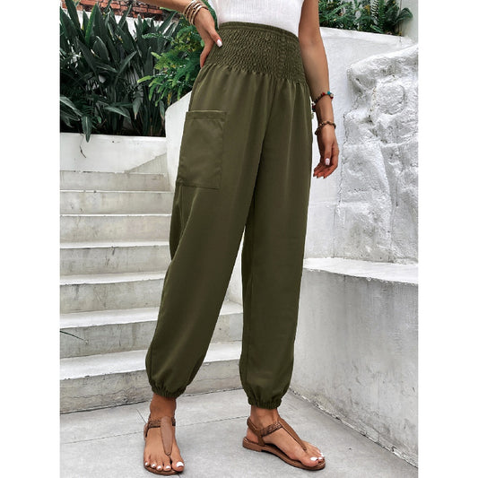 Elastic-Waist High Waist Wide-Leg Ankle-Length Pants