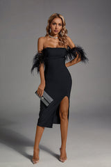 Ivy Black Off Shoulder High Slit Feather Dress