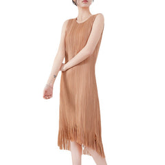 Sleeveless Pleated Dress Tassel Dress