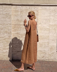 VCollar Sleeveless Straight Backless Linen Dress