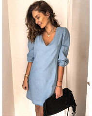 Solid ColorVCollar Denim Dress