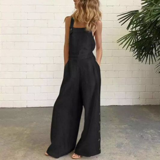 Sleeveless Side Pocket Casual Wide Leg Side Buckle Jumpsuit