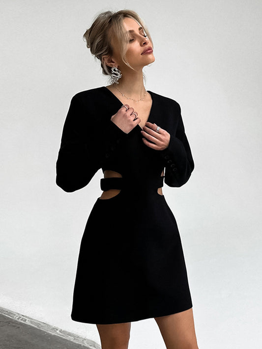 VCollar Hollow Long Sleeve DressAWord Black Dress Hepburn Style