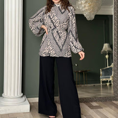 Pleated Graceful Puff Sleeve Shirt High Waist Wide Leg Pants Suit