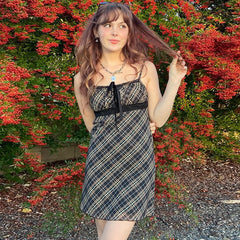 Plaid Strap Lace Stitching Dress