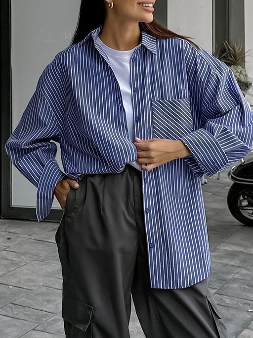 Blue Long Sleeved Striped Shirt Jacket