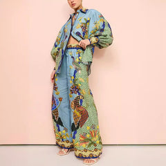 Printed Puff Sleeve Holiday Tether Two-Piece Suit