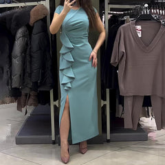 Solid Color Short Sleeve Sexy Slit Slim Fit Dress