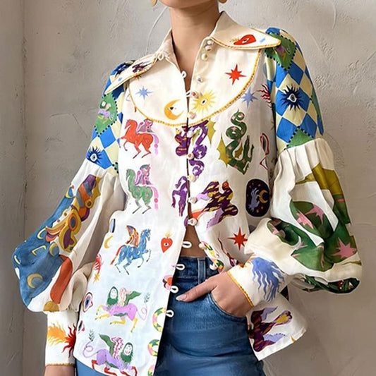 Cartoon Printing Lapel Single-Breasted Long Sleeve Shirt