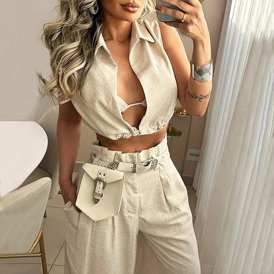 Solid Color Polo Collar Sexy Sleeveless Top Casual Pants Suit